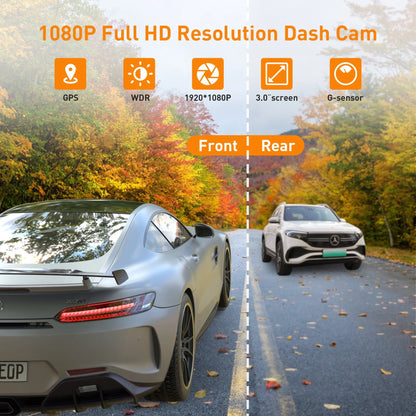Dash Cam Front and Rear, 1080P Full HD Dash Camera, Dashcam with Night Vision, Car Camera with 3-Inch LCD Display, G-Sensor, Loop Recording, WDR